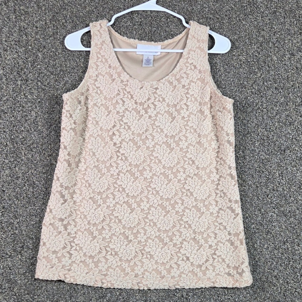 Susan Graver Style Tank Top Women Size M Beige Floral Lace Sleeveless Scoop Neck